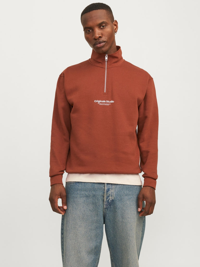 Jack&Jones Text Half Zip Sweatshirt in Brandy Brown